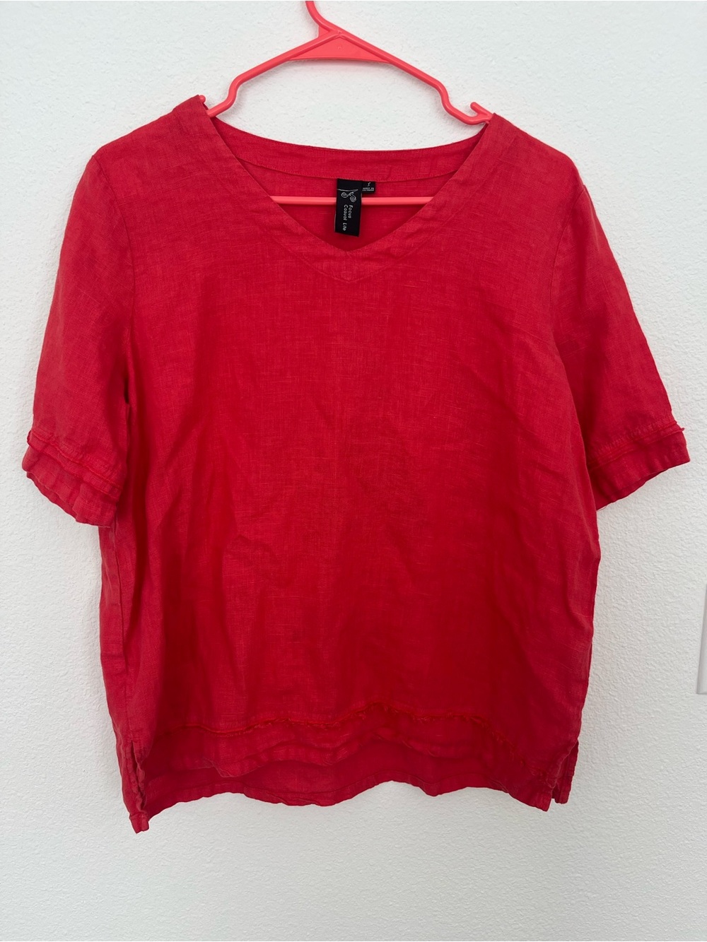 Focus Casual Life Red Linen Lagenlook Beach V-Neck Blouse Top
